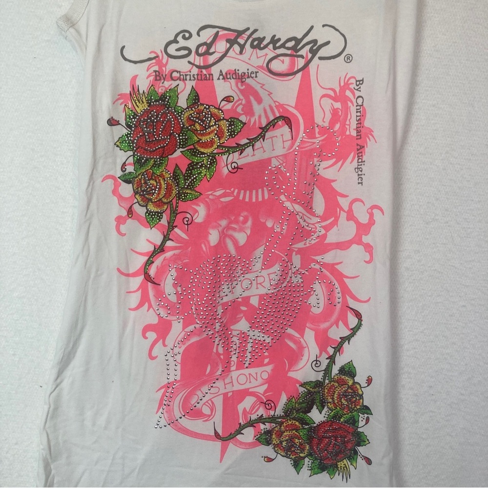 Ed Hardy Christian Audigier Tank Top Womens XL Beaded Flowers Fish Dra… - Picture 2 of 3